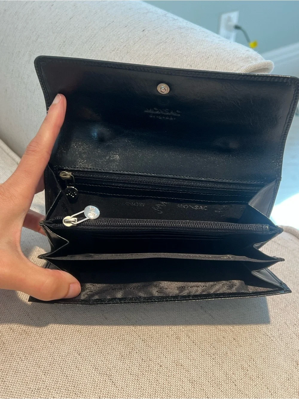 NWT Vintage MONSAC Original Black Leather East West Evening Clutch Bag Handle